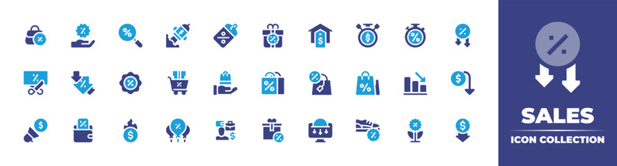 Sales icon collection. Duotone color. Vector and transparent illustration. Containing hand bag, discount, rocket, price tag, gift, house, sale time, stopwatch, sales, sale, shopping, and more.