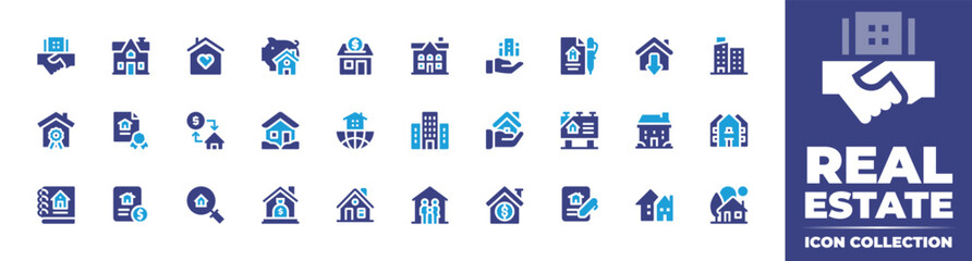 Real estate icon collection. Duotone color. Vector and transparent illustration. Containing deal, house, love, savings, real estate, contract, apartment, certificate, exchange, furniture, and more. - obrazy, fototapety, plakaty