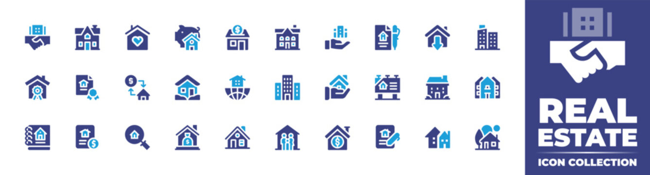 Real estate icon collection. Duotone color. Vector and transparent illustration. Containing deal, house, love, savings, real estate, contract, apartment, certificate, exchange, furniture, and more.