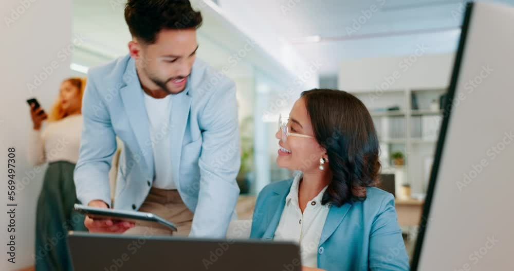 Poster success, high five and woman and man at desk with proposal and tablet in office at startup business.