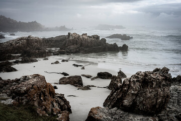 Misty overcast conditions along the Walker Bay coastline. Hermanus, Whale Coast, Overberg, Western Cape, South Africa.