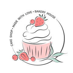 Cake shop logo. Cupcake and berries. Vector illustration for menu, recipe book, baking shop, cafe, restaurant.