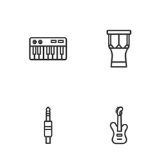Set line Electric bass guitar, Audio jack, Music synthesizer and African percussion drum icon. Vector