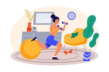Concept fitness at home with people scene in the flat cartoon design. Girl is doing physical exercises in her room.