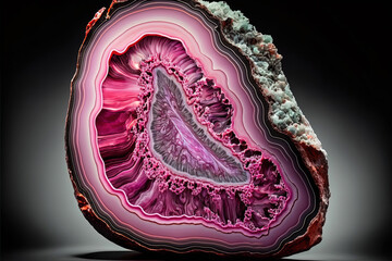 Natural volcanic agate stone texture, raw crystal isolated on black background. Fairburn agate colorful mineral rock. Pure quartz marble formation art. Viva magenta gemstone. Generative art