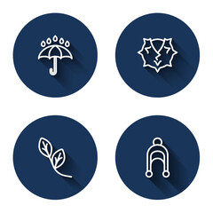 Set line Umbrella and rain drops, Chestnut, Leaf and Winter hat with long shadow. Blue circle button. Vector