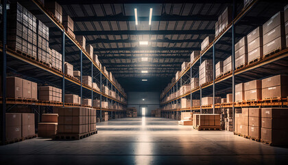 A large, long logistics warehouse filled with boxes, parcels and merchandise, Generative AI