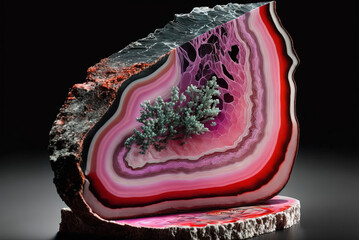 Fototapeta premium Natural volcanic agate stone texture, raw crystal isolated on black background. Fairburn agate colorful mineral rock. Pure quartz marble formation art. Viva magenta gemstone. Generative art