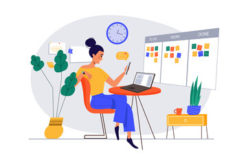 Concept time management with people scene in the flat cartoon design. Woman plans her time for a work and personal affairs.