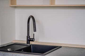 Modern sink in black color, faucet and wood. kitchen decoration 3d illustration Kitchen 