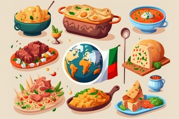 Different countries cuisine. Varied dishes prepared form meat or vegetables. Generative AI