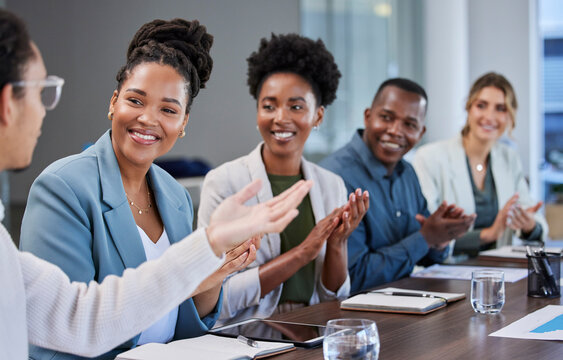 Presentation, success or applause of business people in a meeting for sales growth, goals or deal. Partnership, collaboration or happy black woman with smile or praise for a manager in leadership