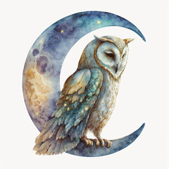 celestial owl standing on a crescent watercolor illustration 