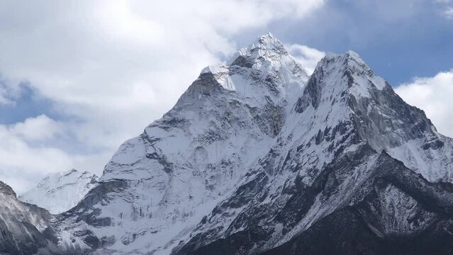 Ama Dablam mountain landscape at the Everest Base Camp trek in the Himalaya, Nepal. Himalaya landscape and mountain views. Pan footage - camera moving from left to right.