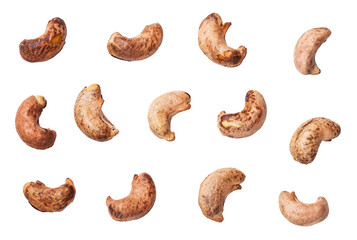 Set of cashew nuts with shell isolated on transparent background