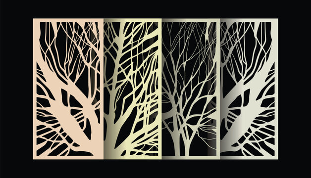 Laser cut template pattern, Metal cutting or wood carving, panel design, Interior decor. tree CNC