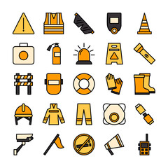 Work safety icons set. Protective gear, equipment, risk management vector symbol collection