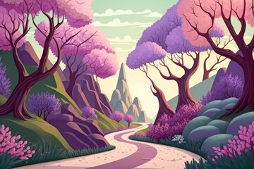 Fantasy based context road through a forest of magic. Beautiful landscape in spring. Lilac trees blooming. Generative AI