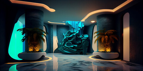 abstract futuristic front desk hotel, generative ai