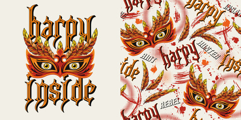 Set of label, pattern with scary masquerade mask, feathers, yellow eyes behind, text Harpy inside. Concept of rebellious character, inner strenght For prints, tattoo, clothing, t shirt, surface design