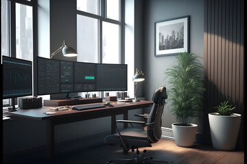 Stock Traders Modern Interior Office Workspace for the business of trading investment finance, Stock Exchange Trading Screens, Professional Traders of Stocks and Crypto Markets, generative ai jpeg 34