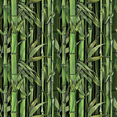 Green bamboo stems and leaves, tropical forest. Watercolor illustration. Seamless pattern on a dark background from the BAMBOO collection. For fabric, textiles, wallpaper, packaging and prints.