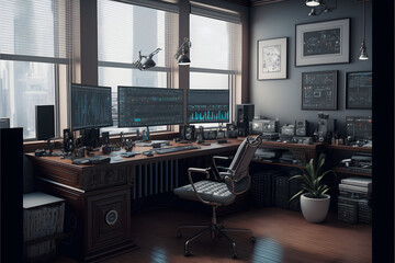 Stock Traders Modern Interior Office Workspace for the business of trading investment finance, Stock Exchange Trading Screens, Professional Traders of Stocks and Crypto Markets, generative ai jpeg 32