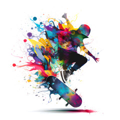 Obraz na płótnie Canvas Skater boy tra macchie di colore su sfondo bianco, Realizzato con Intelligenza artificiale generativa