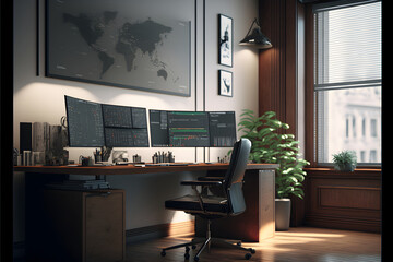 Stock Traders Modern Interior Office Workspace for the business of trading investment finance, Stock Exchange Trading Screens, Professional Traders of Stocks and Crypto Markets, generative ai jpeg 31