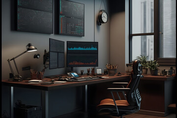 Stock Traders Modern Interior Office Workspace for the business of trading investment finance, Stock Exchange Trading Screens, Professional Traders of Stocks and Crypto Markets, generative ai jpeg 25