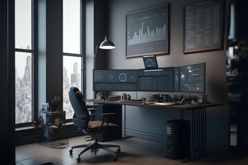 Stock Traders Modern Interior Office Workspace for the business of trading investment finance, Stock Exchange Trading Screens, Professional Traders of Stocks and Crypto Markets, generative ai jpeg 17