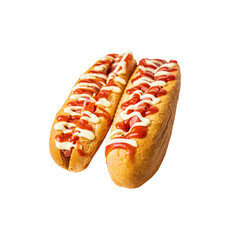 Hot dog with sausages, cucumbers and sauces close-up on a white background, png