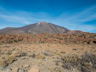 Close up view on colorful volcano pico del teide highest spanish mountain in Tenerife Canary island with clear blue sky background. Horizontal, copy space