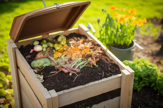 Bac à compost ouvert avec épluchures et vers de terre dans un jardin - illustration ia