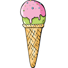Pistachio ice cream with pink icing in a waffle cone. Cartoon Ice-cream, summer delicious in flat style. Gelatos. Doodle  Tasty ice cream with different flavors.  Hand-drawn illustration. 