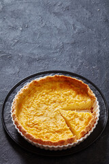 Classic chess pie in baking dish, top view