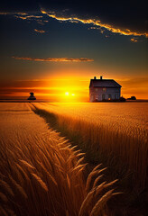 Fototapeta premium Wheat field and farmhouse at sunset. AI generated