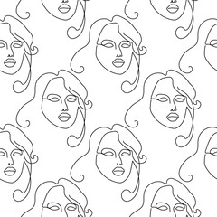 Seamless pattern with illustration woman face in a line art style on a white background