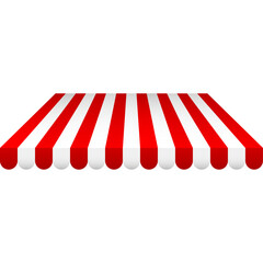 Tent with white and red stripes for market, shop with shadows.  Commercial canopy awning for store Realistic . 3d Design element - obrazy, fototapety, plakaty