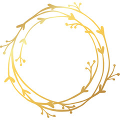 Golden flourish frame, doodle hand drawn floral element. Gold leaves and flowers. Floral decorative png element for decoration of text, cards, invitation. Foil textured design object