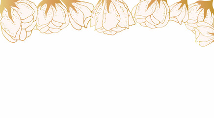 Golden floral art background with space for text. Luxury wallpaper on the side with white flowers, leaves and branches on the side. Hand drawing. Elegant botanical design for banner, invitation, packa