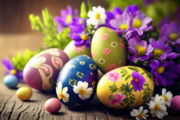 Happy Easter background. Colourful Easter eggs and flowers on wooden table. Spring holiday. Created with Generative AI