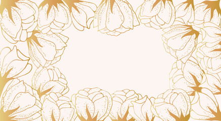 Golden floral art background with space for text. Luxury wallpaper on the side with white flowers, leaves and branches on the side. Hand drawing. Elegant botanical design for banner, invitation, packa