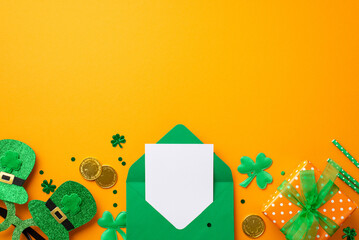 Saint Patrick's Day concept. Top view photo of green open envelope with postcard hat shaped party...