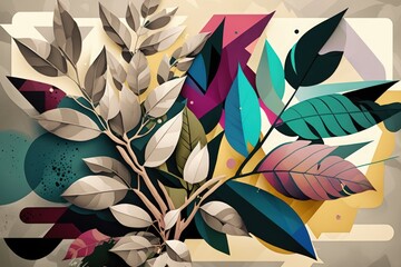 Flowers, Leaves, and Branches in an Abstract Watercolor Brush Drawing with a Geometric Camouflage Background. Generative AI
