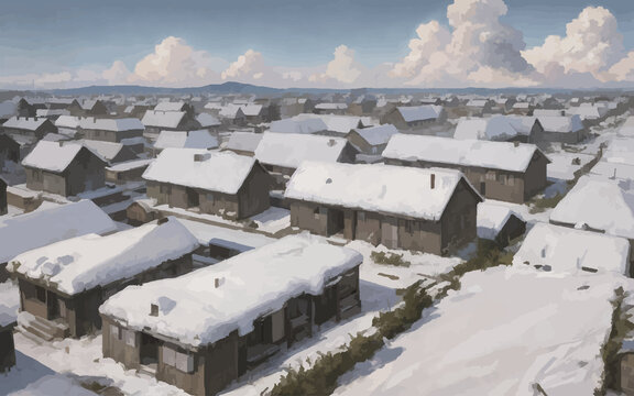 Winter background with wooden houses, pine trees, mountains and clouds vector. Generated by AI and traced. Generative AI technology.