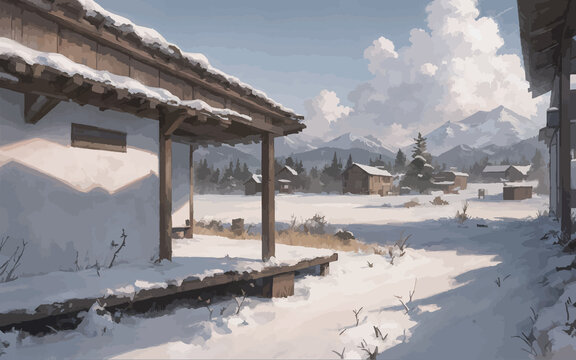 Winter background with wooden houses, pine trees, mountains and clouds vector. Generated by AI and traced. Generative AI technology.
