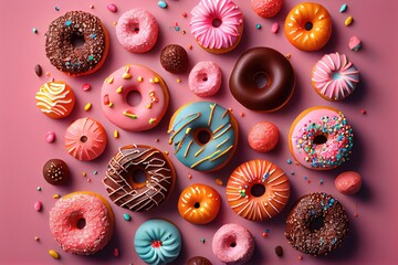 Top view colorful donut on pink background. Ai generated