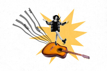 Creative photo collage of young careless relaxed chilling dancing lady enjoy music instrument...
