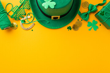 Top view photo of leprechaun cap present box clover shaped party glasses spool of twine bow-tie gold coins shamrocks horseshoe and confetti on isolated yellow background with empty space
